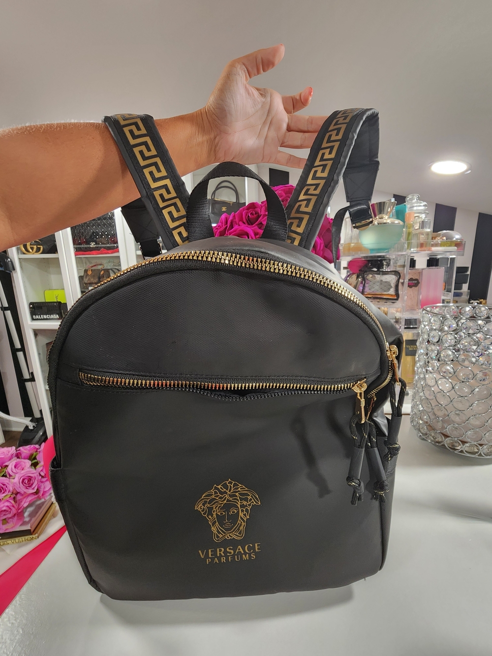 Versace Perfumes Black and Gold Medusa Small Backpack